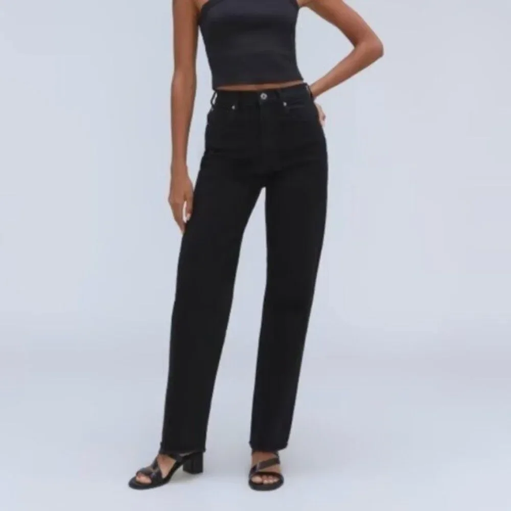 Everlane The Way High Straight Leg Organic Cotton Jean Coal Black Short 28